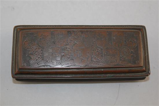 An 18th century Dutch rectangular copper tobacco box, 5in.